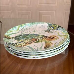 Sigrid Olsen Set /4 Melamine Dinner Plates 11” Sea Turtle Blue Green Watercolors